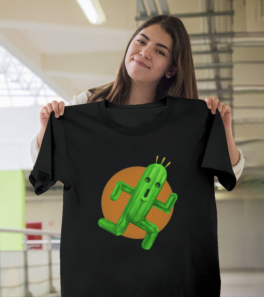 Cactuar Final Fantasy Running Character with Orange Geometric Circle Background T-Shirt
