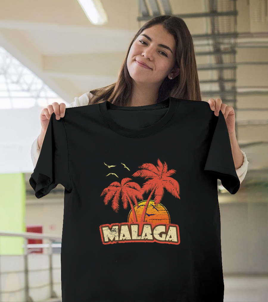 Malaga Tropical Sunset with Palm Trees and Birds T-Shirt