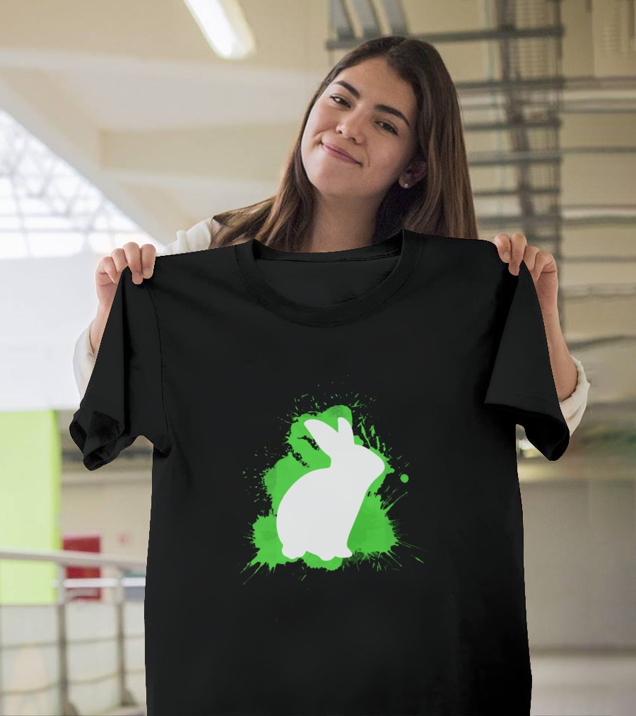 Rabbit Stand Ears Rabbit Teeth Rabbit Holder Easter Silhouette on Green Splash T-Shirt