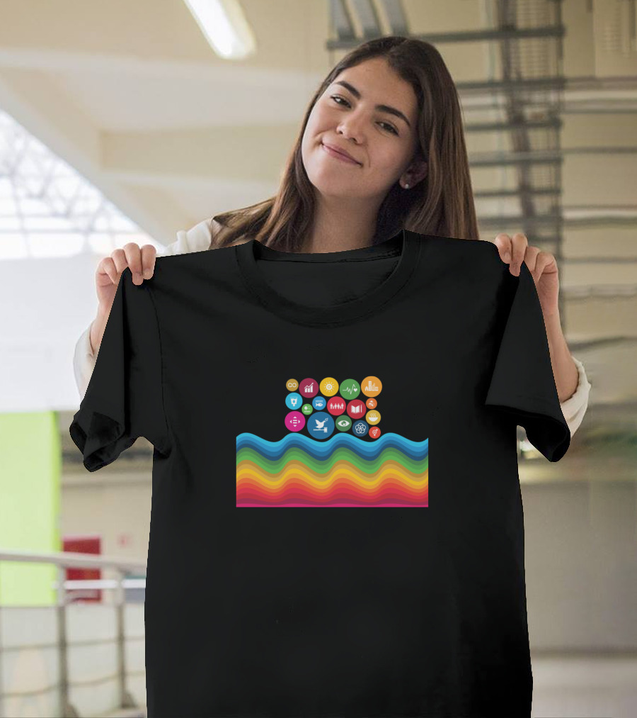UN Sustainable Development Goals SDGs 2030 Colorful Symbols and Waves T-Shirt