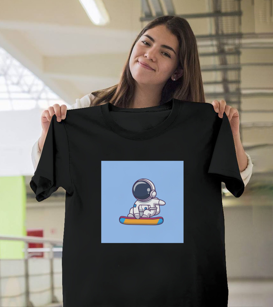 Astronaut Surfing on Colorful Board Moon Adventure T-Shirt