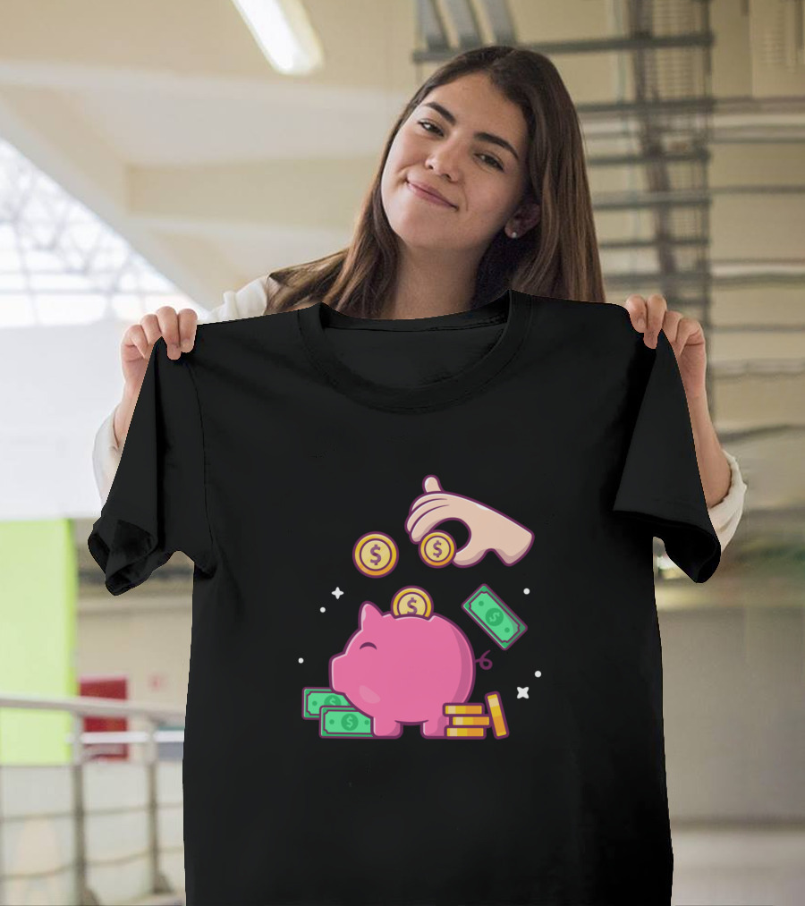 Piggy Bank with Coins and Cash Cartoon T-Shirt