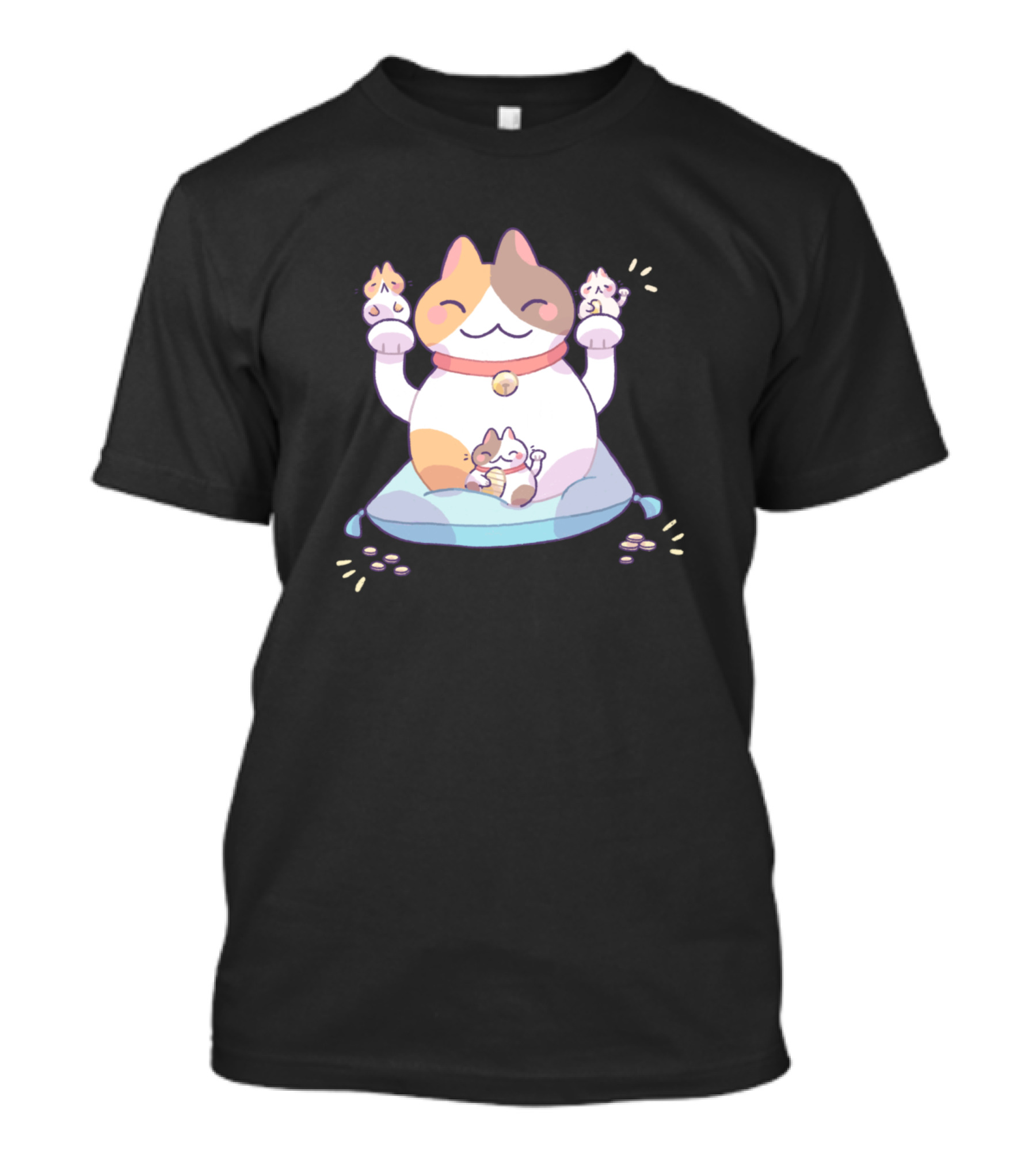Lucky Cats Happy Calico With Kittens On Pillow T-Shirt