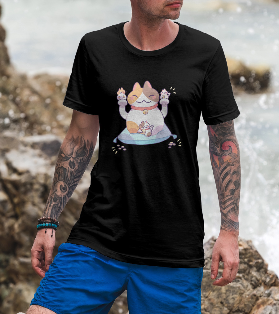 Lucky Cats Happy Calico With Kittens On Pillow T-Shirt