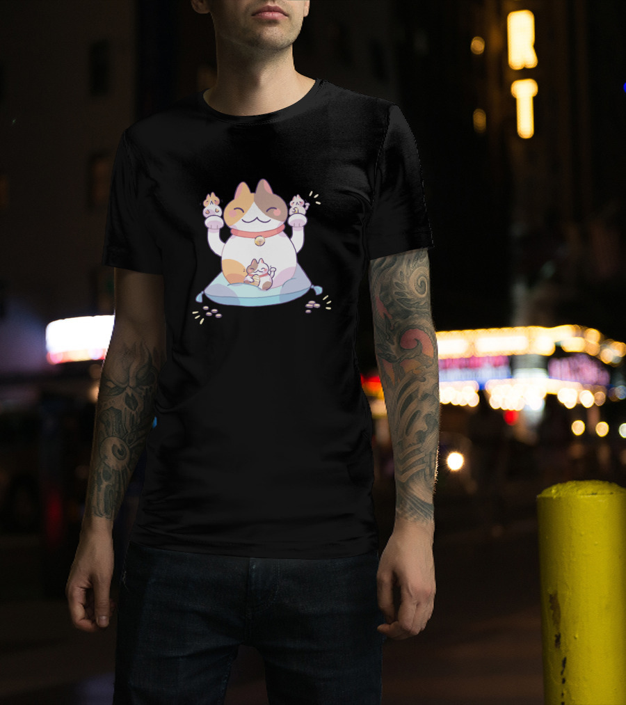 Lucky Cats Happy Calico With Kittens On Pillow T-Shirt