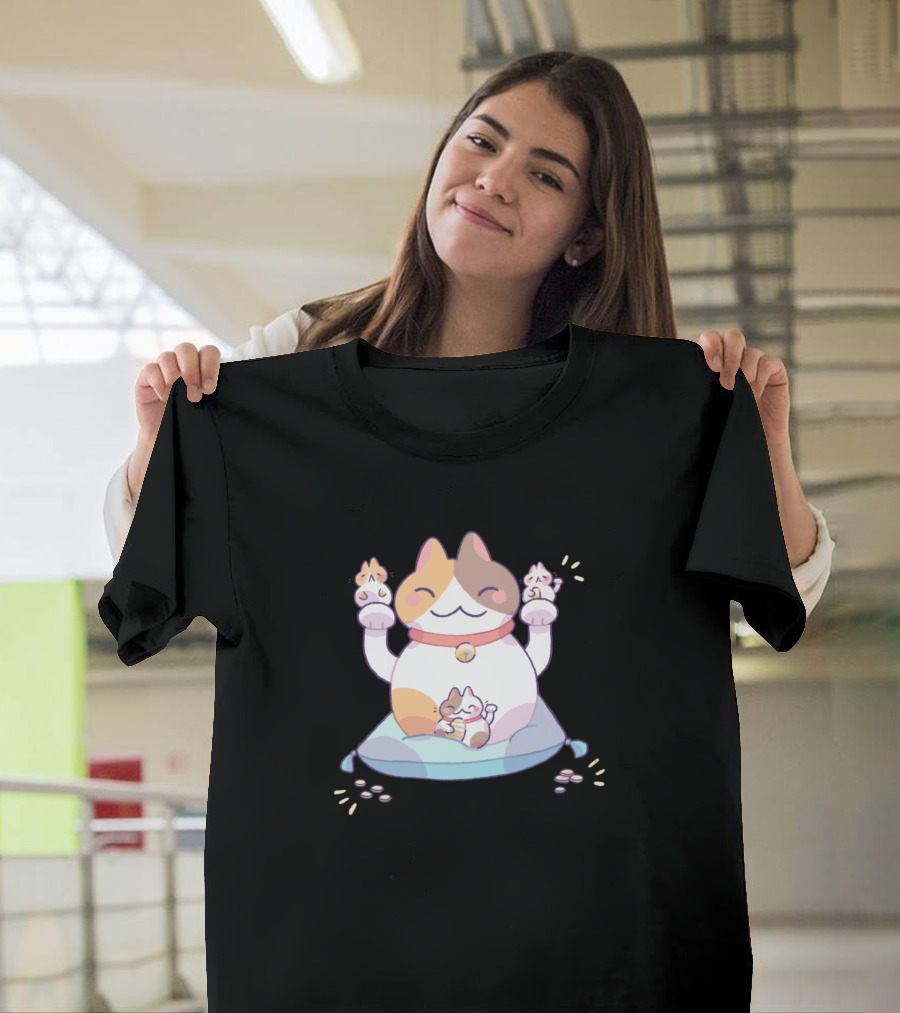 Lucky Cats Happy Calico With Kittens On Pillow T-Shirt