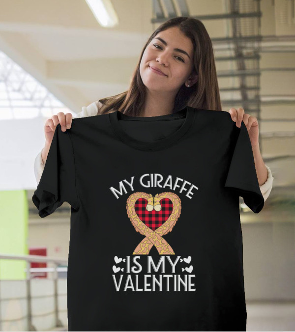 My Giraffe Is My Valentine Red Plaid Heart T-Shirt
