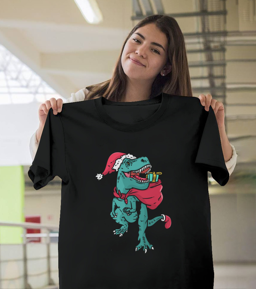 Santa Dinosaur Gift T-Rex with Santa Hat and Red Cape T-Shirt
