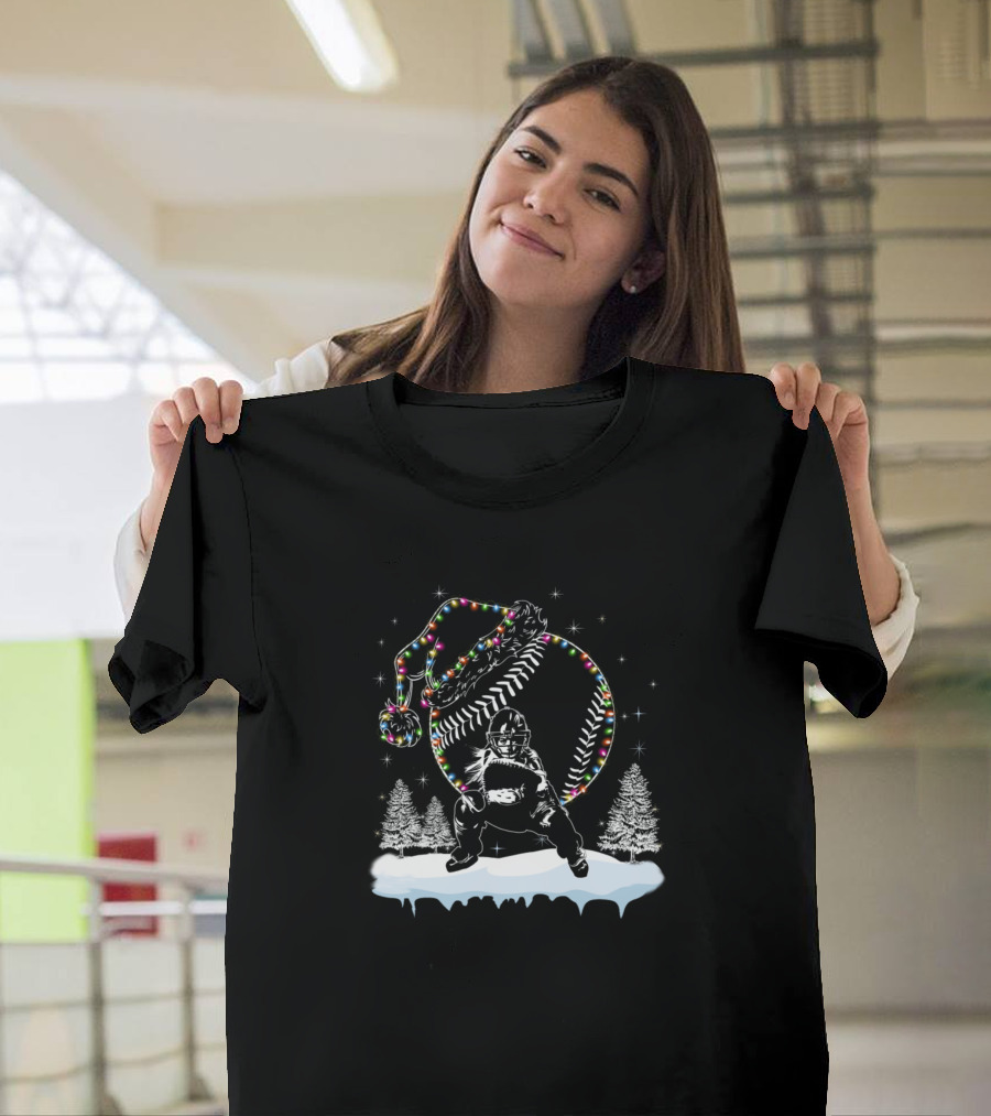 Softball Christmas Light Catcher with Festive Hat and Snowy Trees T-Shirt
