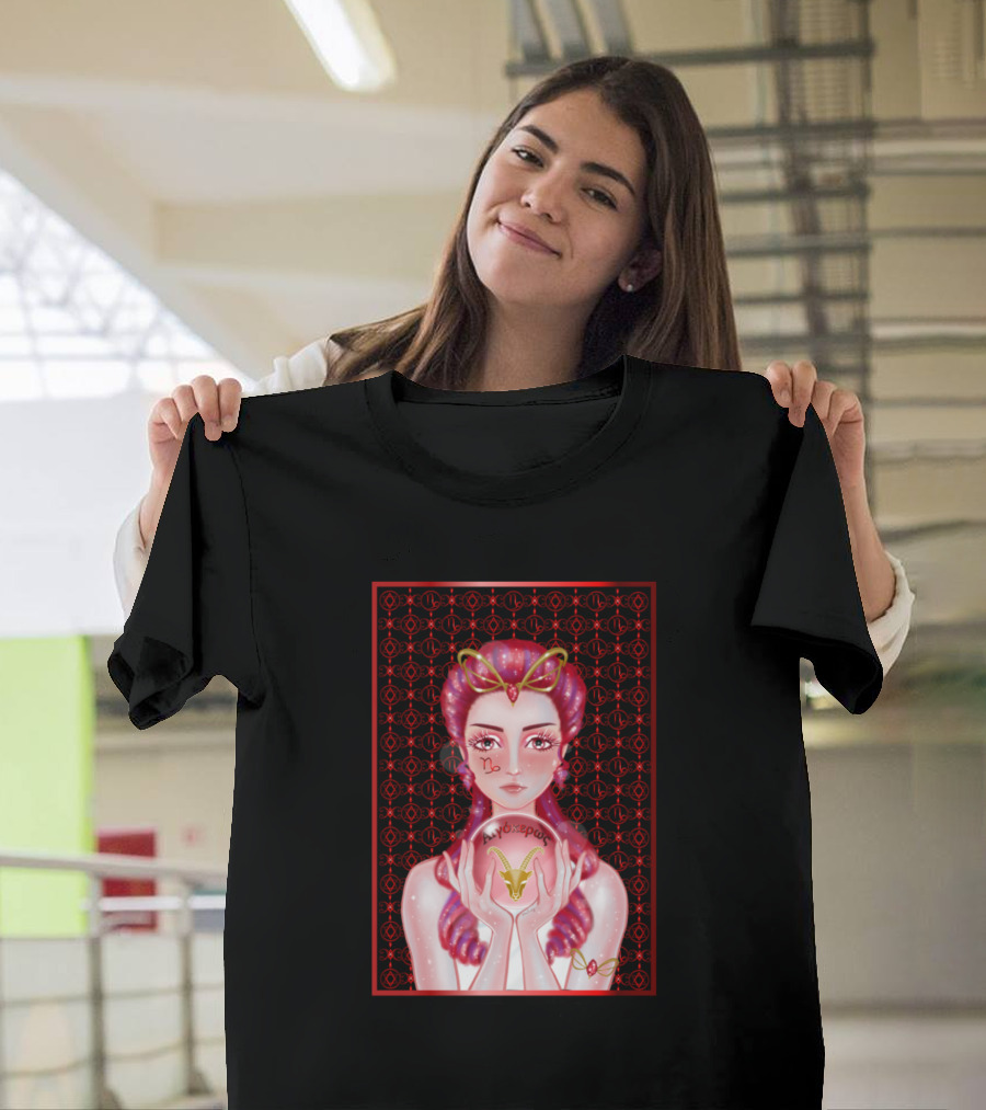 Capricorn Ruby Zodiac Art with Red Garnet and Gold Symbol on Dark T-Shirt