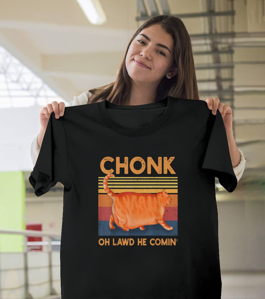 CHONK Cat Oh Lawd He Comin Funny Chonk Cat Meme Retro Stripes T-Shirt