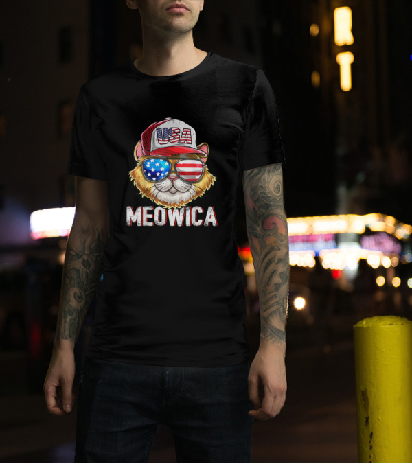Meowica USA American Flag Cat 4th Of July Hat Glasses T-Shirt