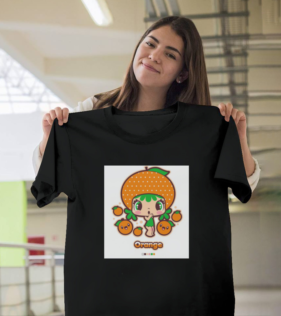 Orange Cute Cartoon Character with Fruit Motif T-Shirt