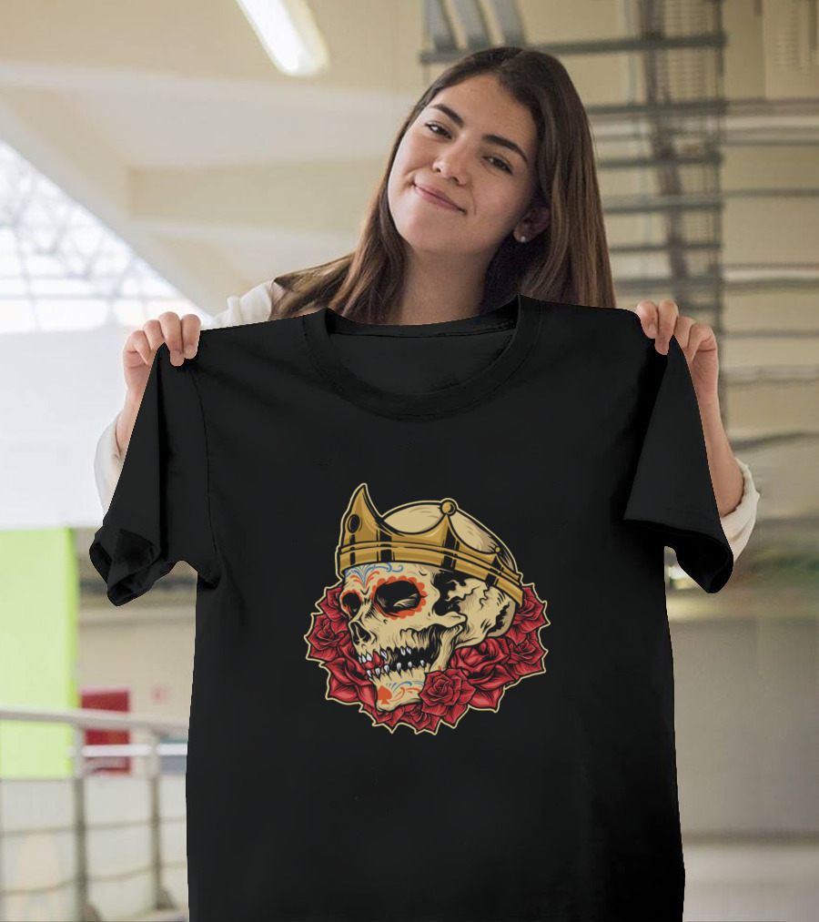 Royal Skull King Crown Surrounded by Red Roses T-Shirt