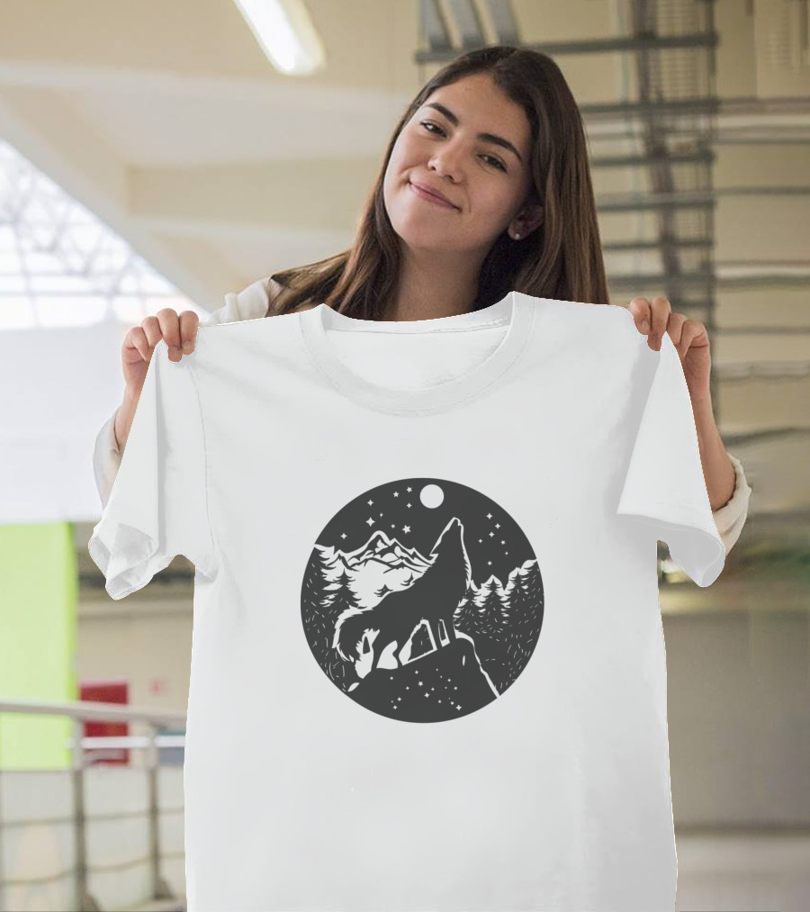 Adventure Circle Moon Wolf Howling in Mountain Nightscape T-Shirt