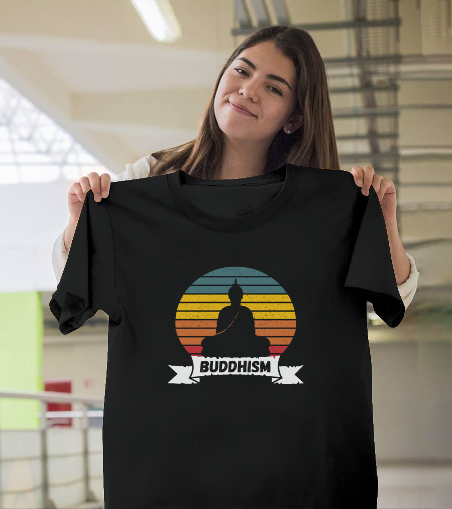 Buddhism Vintage Sunset Silhouette Retro Stripes T-Shirt