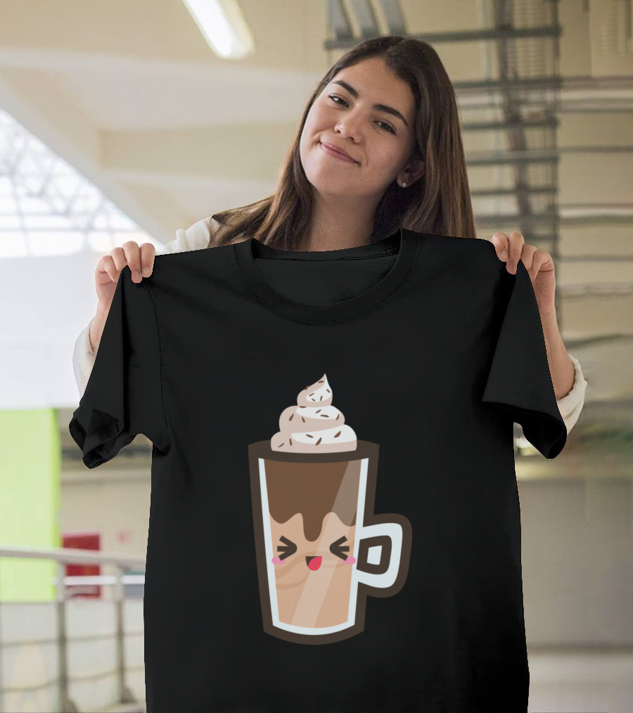 Choco Frappe Cute Cartoon Coffee With Whipped Cream And Smiling Face T-Shirt