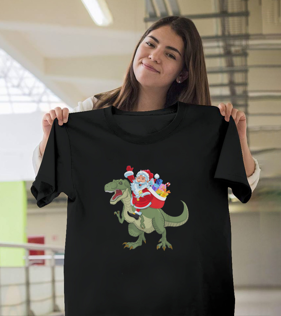 Santa Claus Riding Dinosaur T-Rex ChristmasXmas Pet Dino T-Shirt