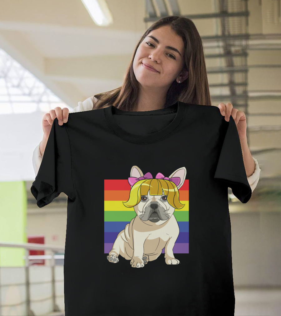 Pride Month Drag Queen Pug with Rainbow Background and Bow T-Shirt