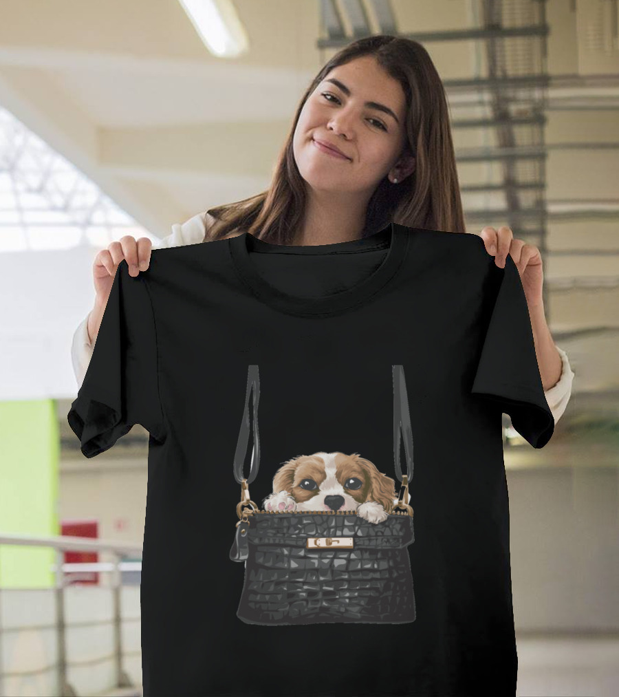Little Puppy Peeking from Black Leather Purse T-Shirt