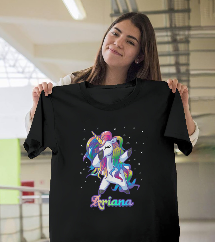 Ariana Name Personalized Custom Rainbow Unicorn Image with Stars T-Shirt
