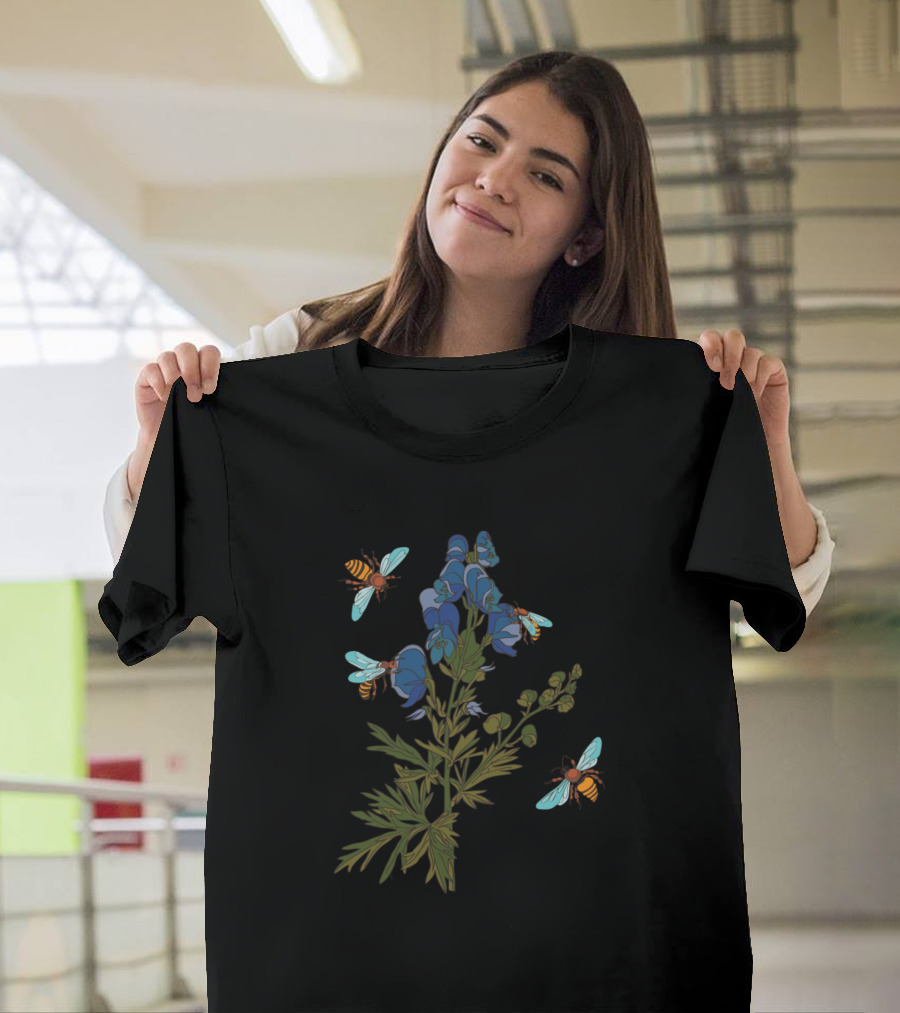 Botanical Illustration Of Plant With Bees And Flowers T-Shirt