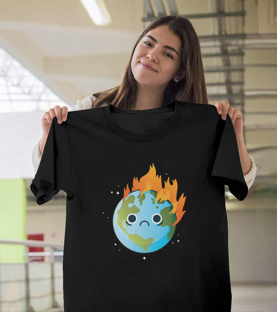 Burning Earth Emoji Sad Face Flames on Planet T-Shirt