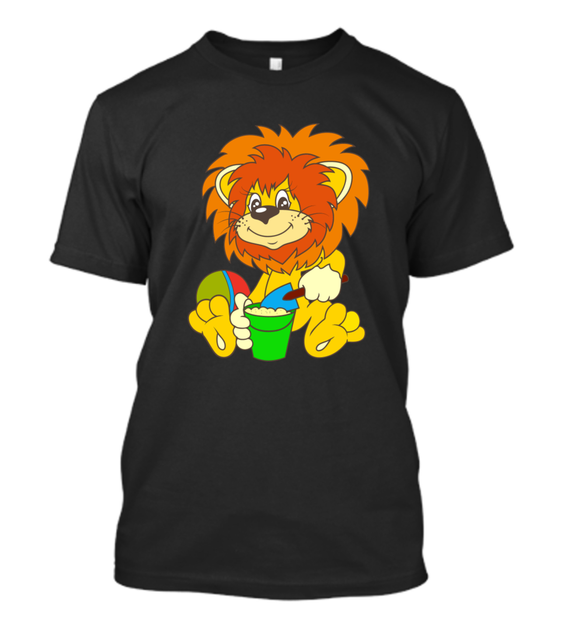 Cartoon Lion Beach Fun With Sand Bucket And Ball T-Shirt