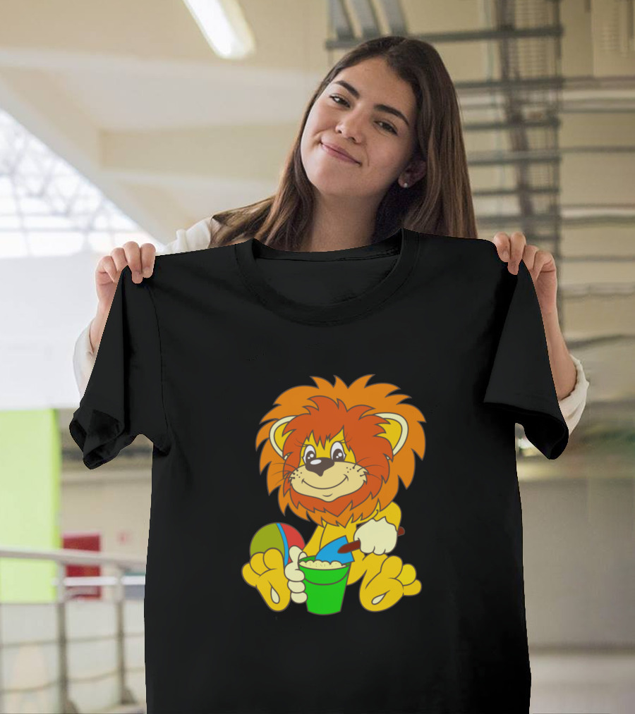 Cartoon Lion Beach Fun With Sand Bucket And Ball T-Shirt