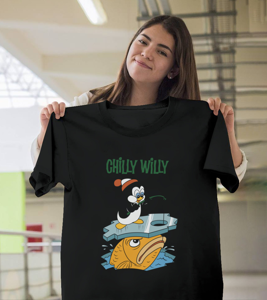 Chilly Willy Ice Fishing Penguin on Iceberg with Fish T-Shirt