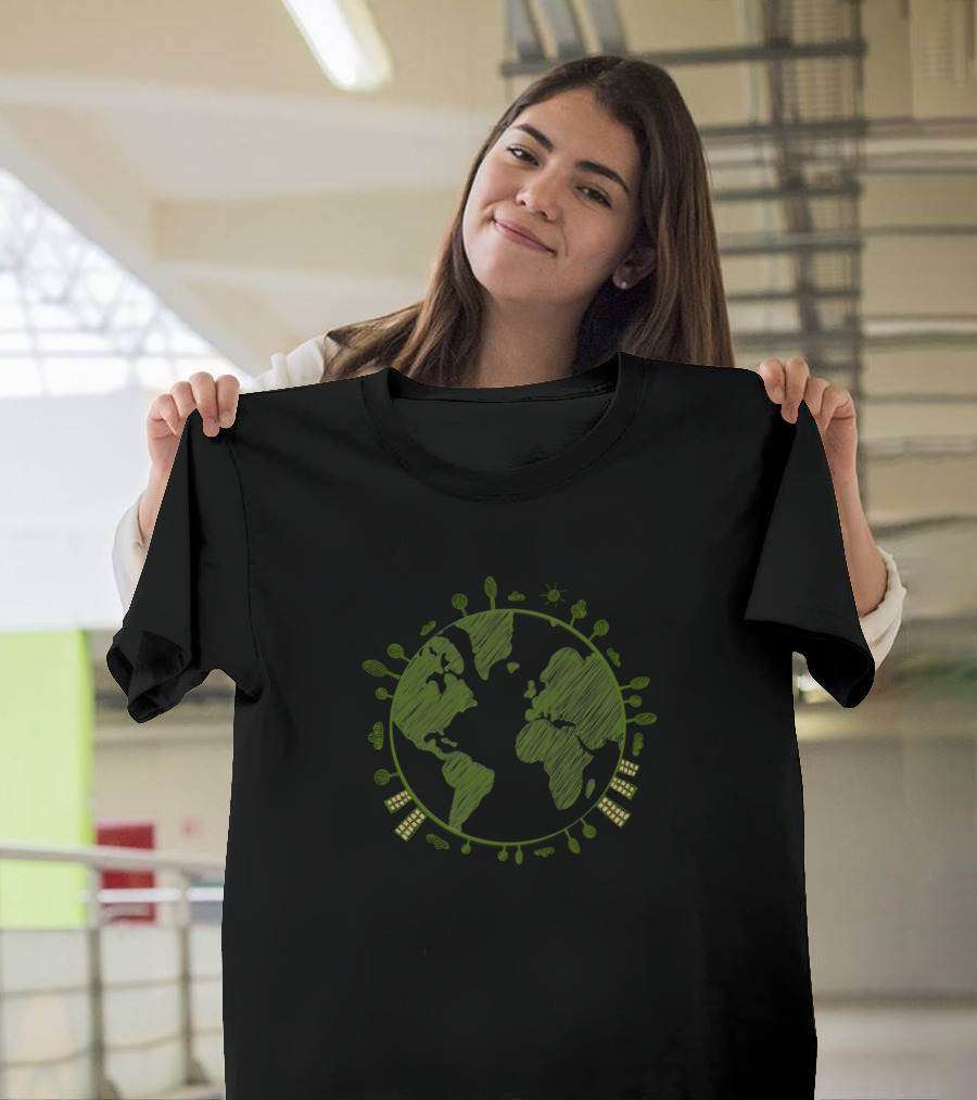 Green Planet Earth Eco Map with Sustainability Elements T-Shirt