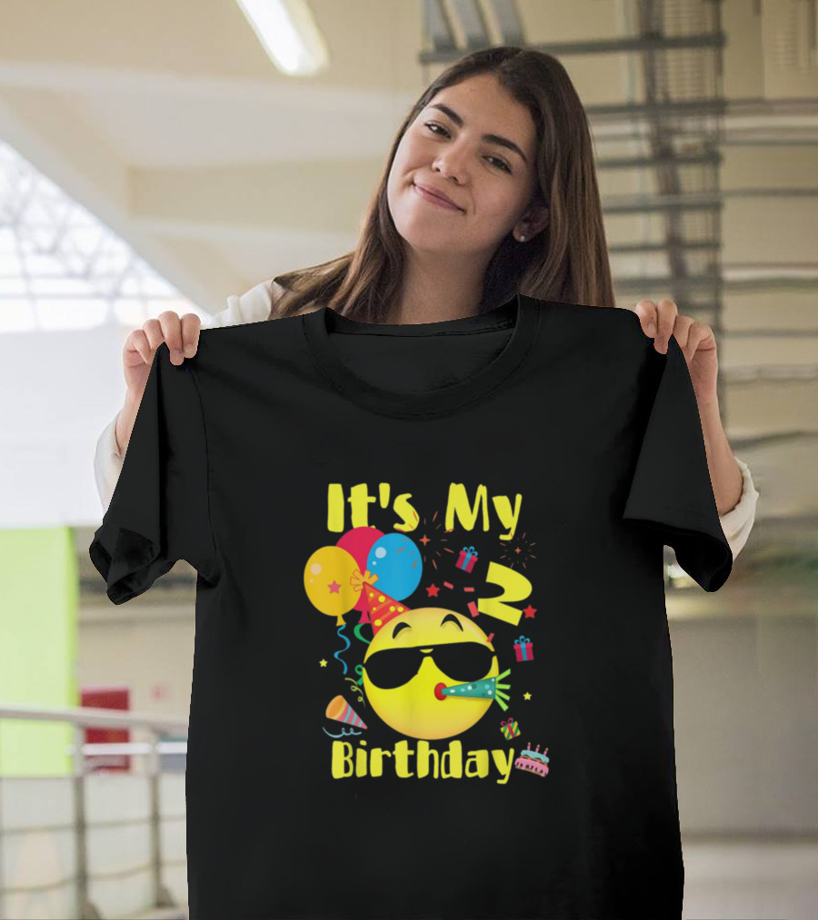 It's My 2 Birthday Emoji Balloons Cake Party Time T-Shirt