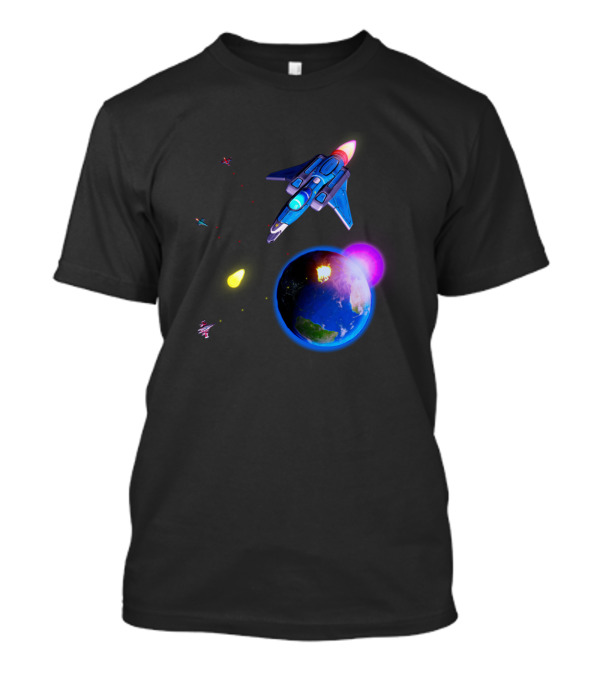 Space Battle Spaceship Shooting At Earth Planet Scene T-Shirt