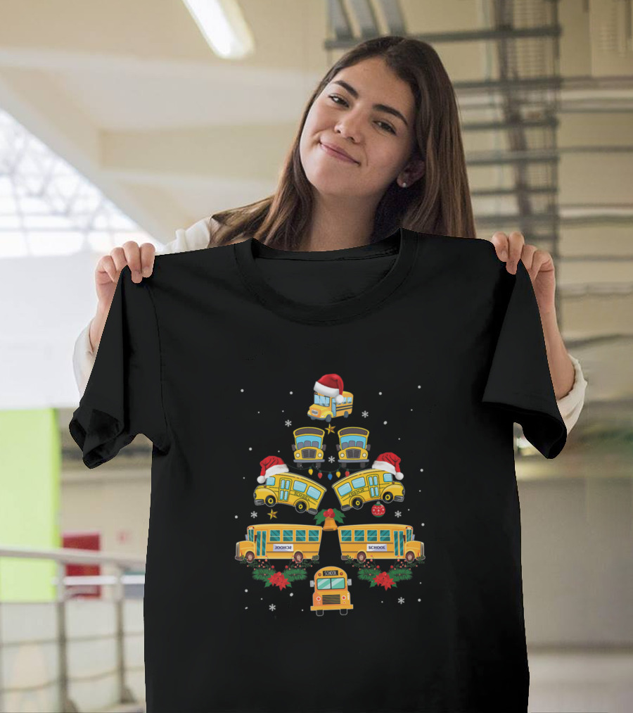 School Bus Christmas Tree with Santa Hats and Funny Bus Driver Elements T-Shirt