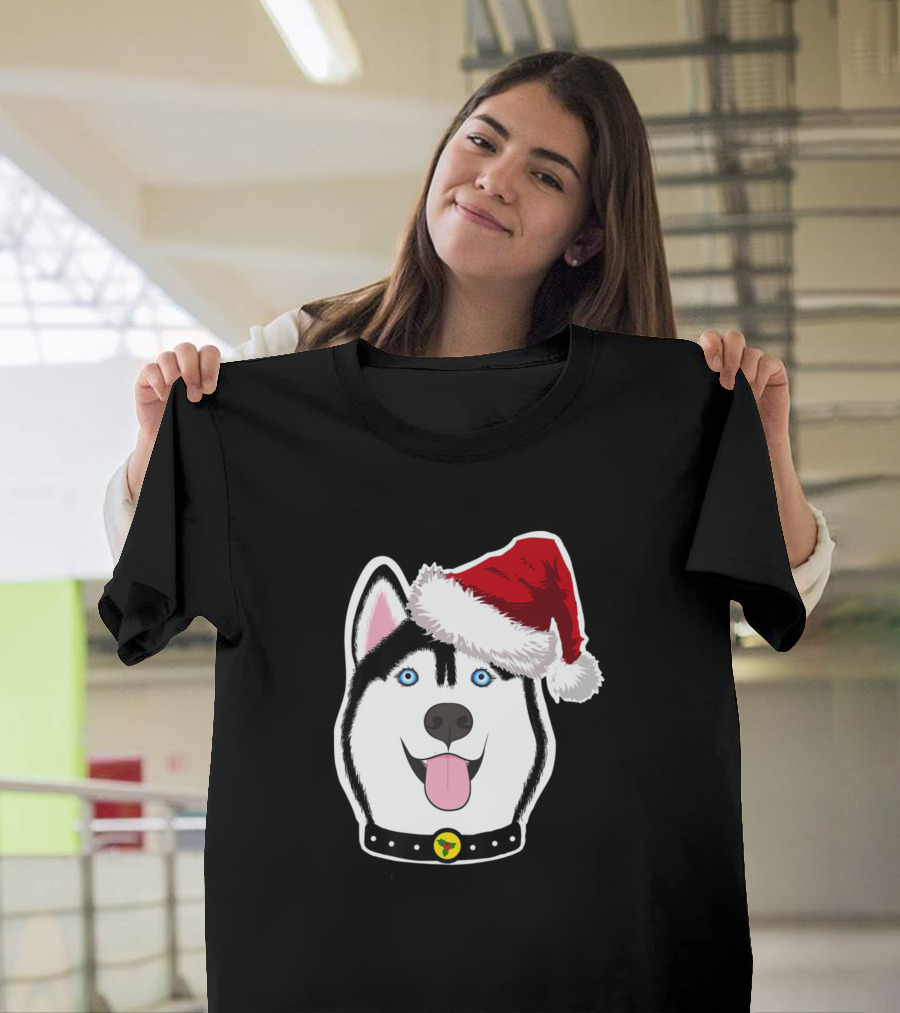 Siberian Husky with Santa Hat and Festive Collar T-Shirt
