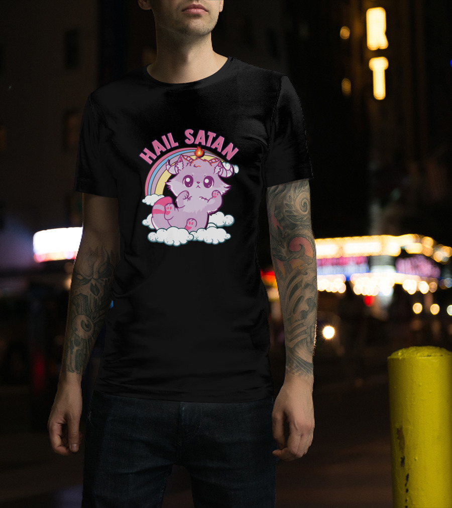 Hail Satan Cute Kitten With Rainbow And Clouds T-Shirt