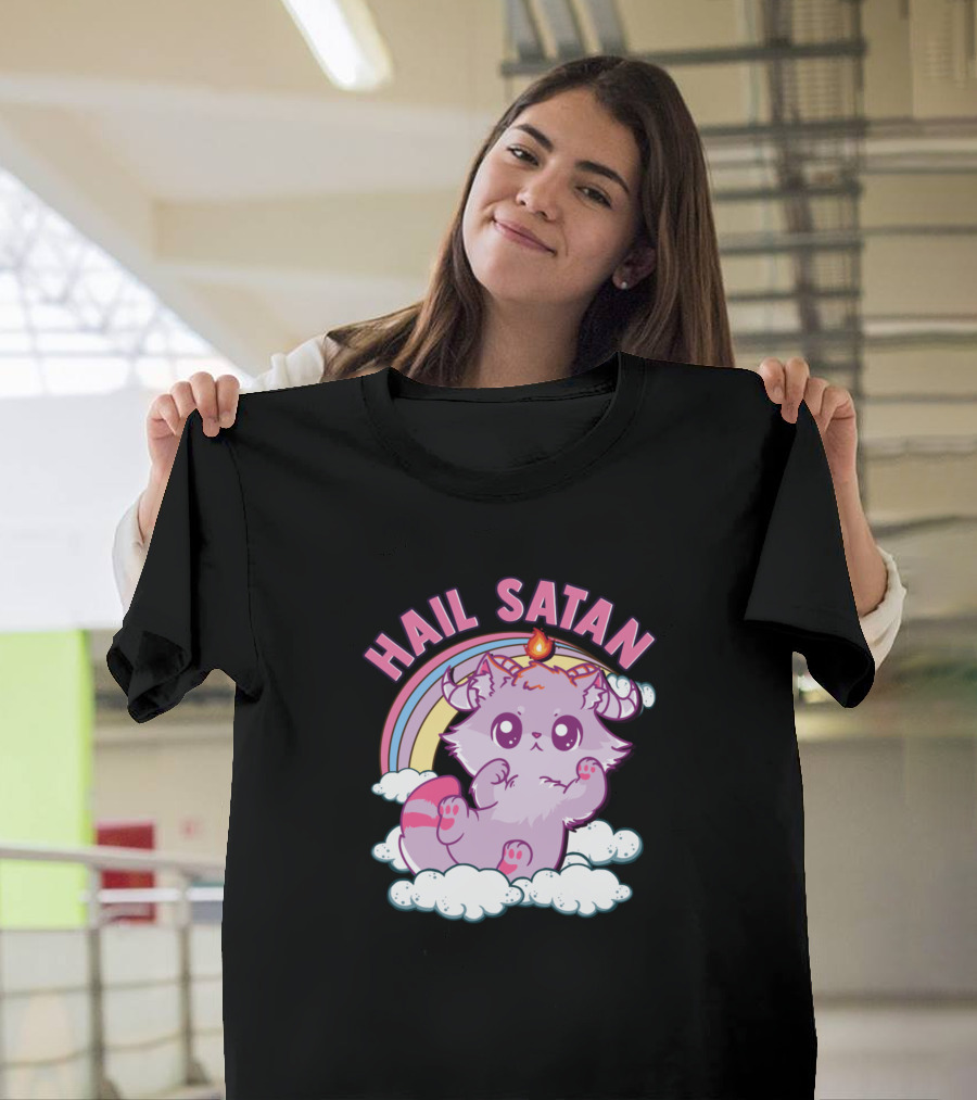 Hail Satan Cute Kitten With Rainbow And Clouds T-Shirt