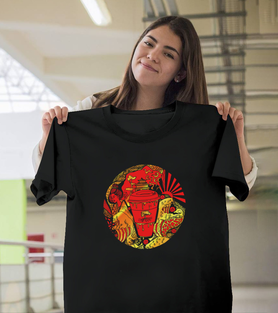 Gold And Red Coffee Japan Rising Sun Pagoda Scenery T-Shirt