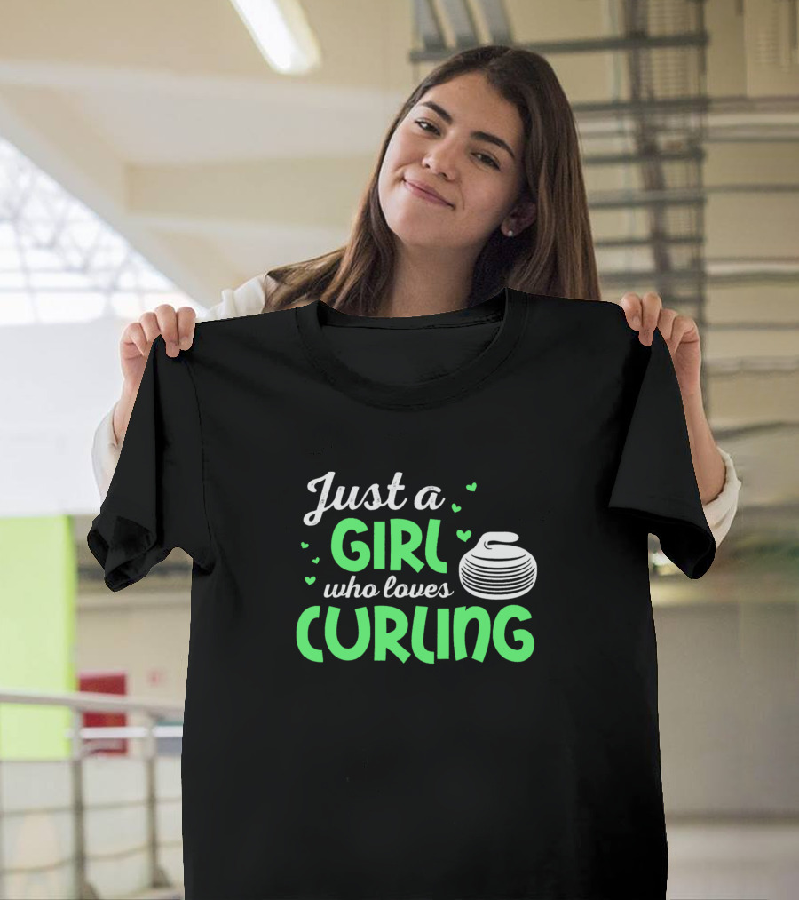 Just A Girl Who Loves Curling with Heart Accents and Curling Stone T-Shirt