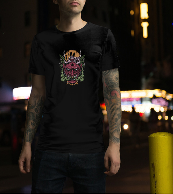 Onimask Stoned 420 Demon With Marijuana Leaves And Smoke T-Shirt