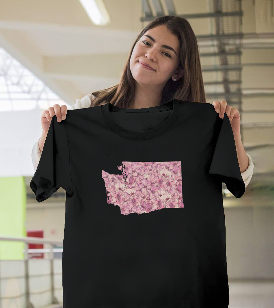 Washington State Outline Filled with Pink Flowers T-Shirt