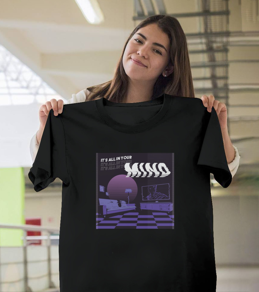 It's All In Your Mind Vaporwave Retro Futuristic Room with Checkered Floor and Neon Colors T-Shirt