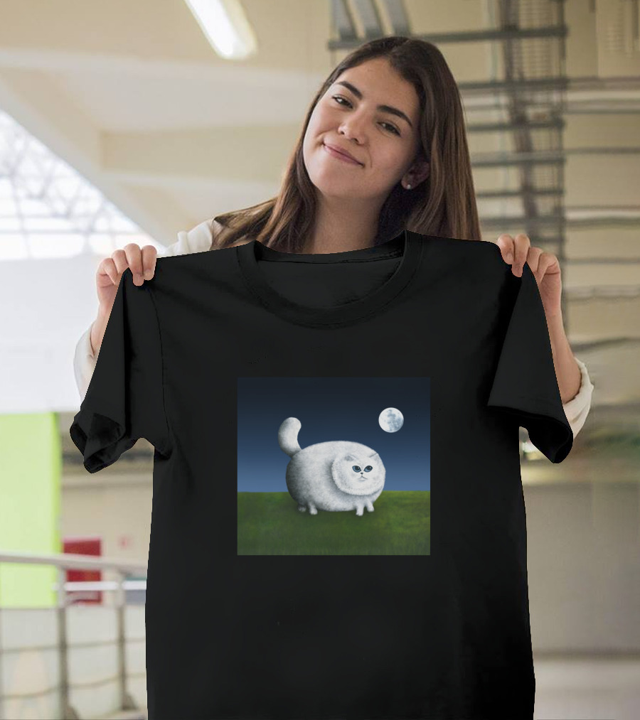 Fat Cat Nighttime Moon Gaze T-Shirt