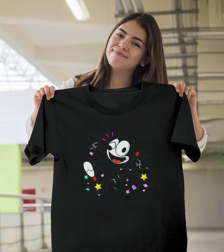Funny Felix The Cat with Stars and Confetti T-Shirt