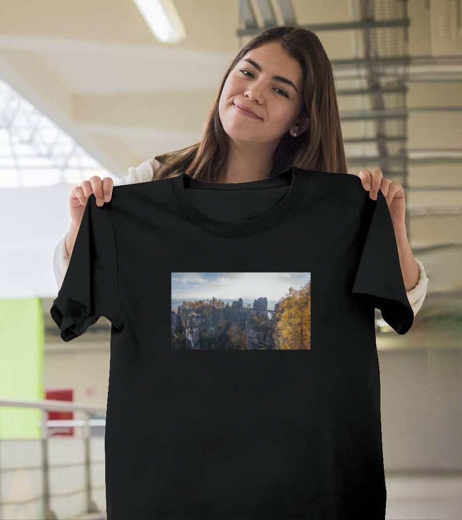 Hill View Rock Bridge Sunshine Autumn Landscape T-Shirt
