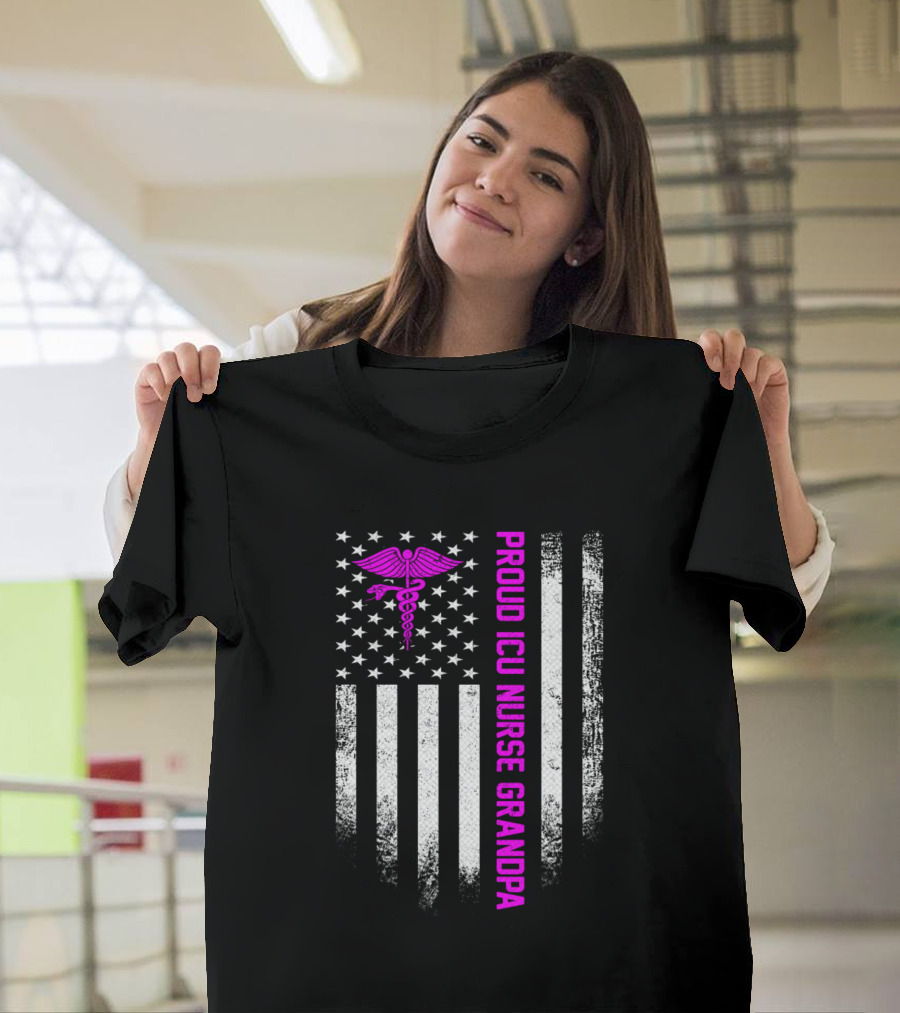 Proud ICU Nurse Grandpa Vintage USA American Flag T-Shirt