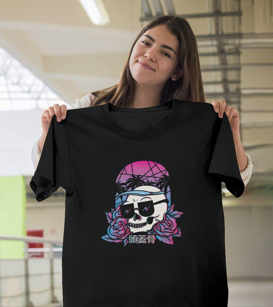 Aesthetic Synthwave Skull Sunglasses Roses Palm Trees Neon T-Shirt
