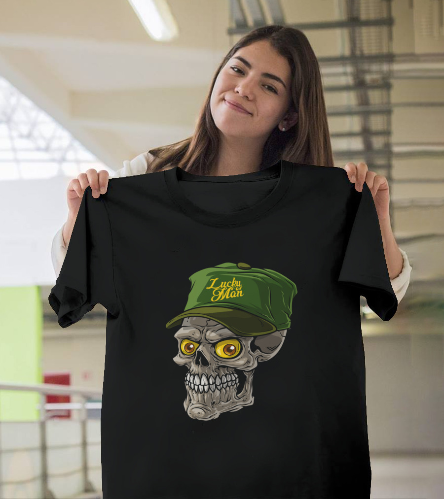Lucky Man Skull With Green Cap and Funny Expression T-Shirt