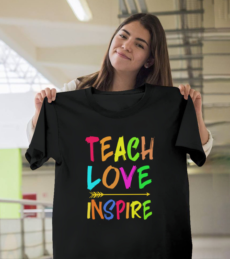 Teach Love Inspire Rainbow Text with Arrow T-Shirt