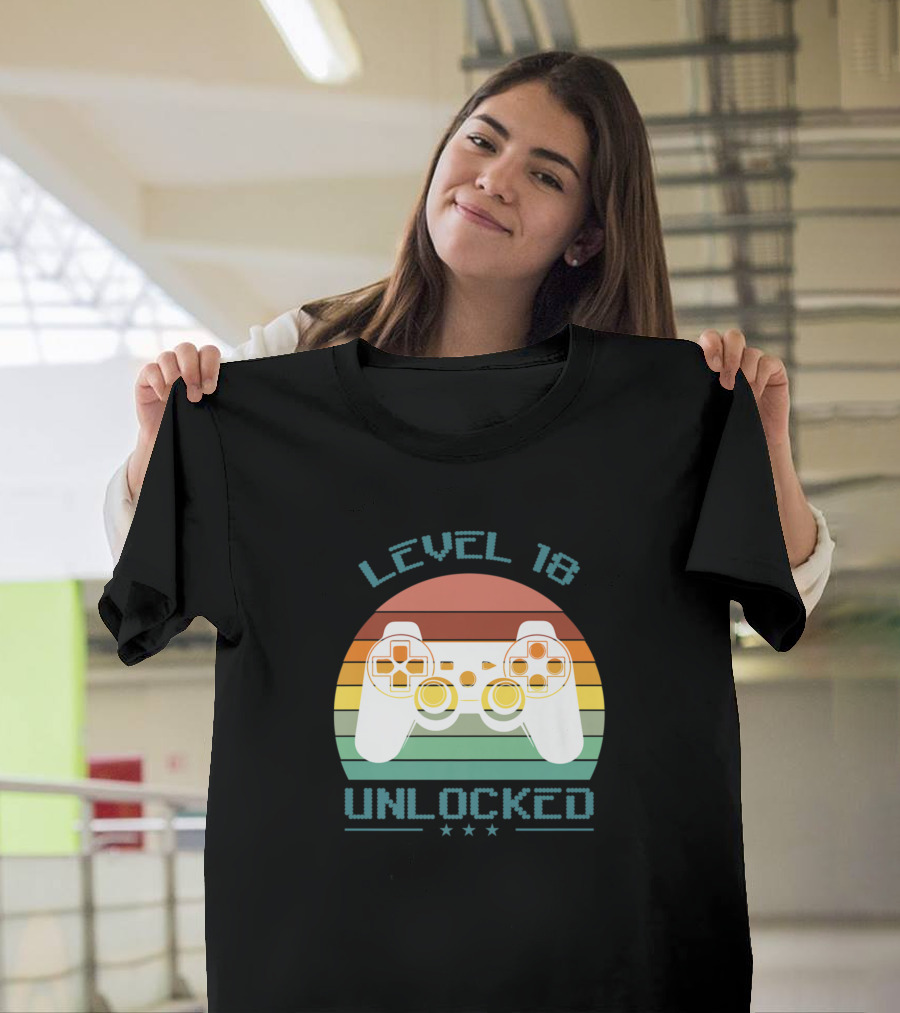 Level 18 Unlocked Video Game Controller Retro Stripes 18 Year Old Birthday T-Shirt